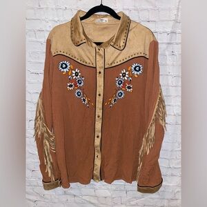 John Moon Faux Suedes Western Fringe Shirt with Floral Embroidery